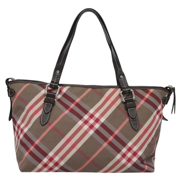 BURBERRY Nova Check Blue Label Hand Bag Nylon Red Brown Auth - Picture 3 of 16